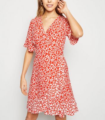 Red Heart Print Mini Wrap Dress | New Look